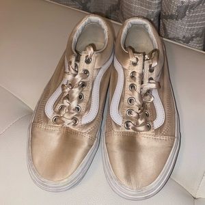 Rose gold satin vans with ribbon shoe lace.
